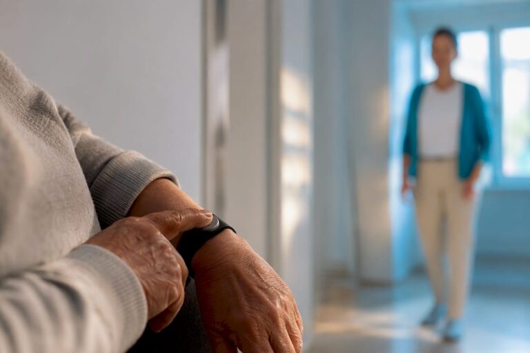 Hand activating an anonymous medical alert button
