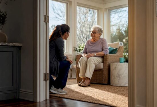 Caregiver checking in with older adult