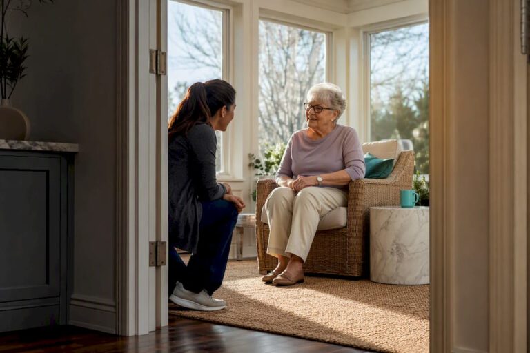 Caregiver checking in with older adult