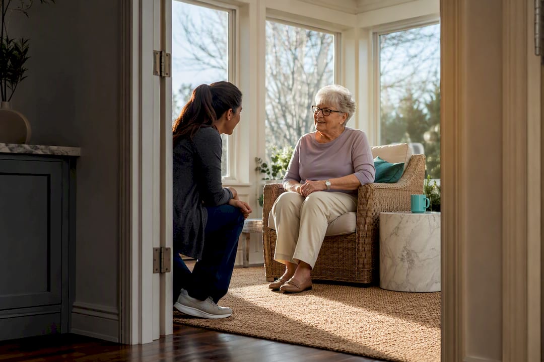 Caregiver checking in with older adult