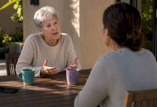 Senior and caregiver discussing monitoring consent