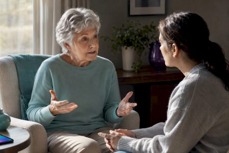 Caregiver and older adult discussing location sharing