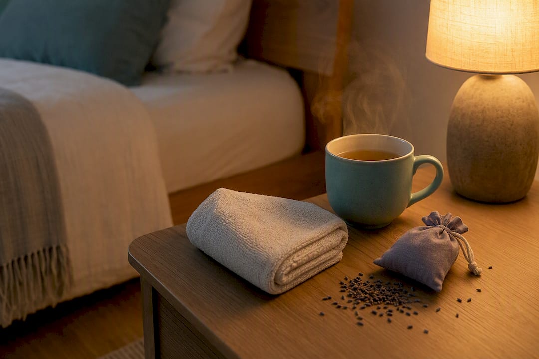 Tea cup with eye mask on wooden table