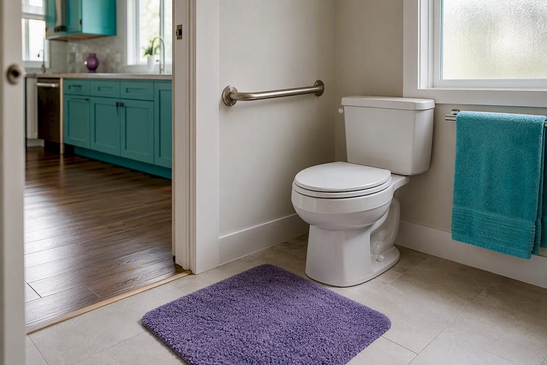 Grab bar and non-slip mat in bathroom