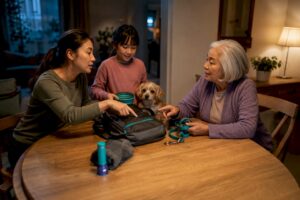 Family discussing emergency safety roles