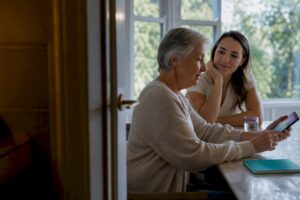Family rehearsing a senior safety check-in