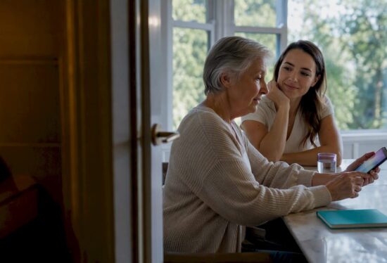 Family rehearsing a senior safety check-in