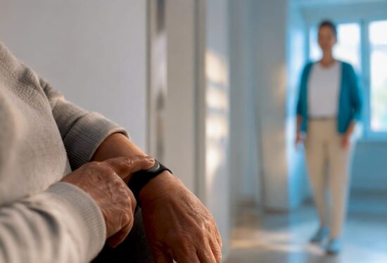 Hand activating an anonymous medical alert button