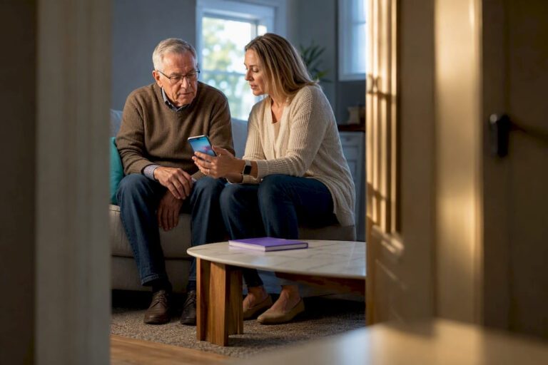 Senior and caregiver discussing location privacy