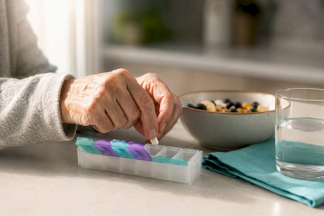 Senior pairing medication with morning breakfast