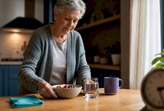 Older adult preparing a structured morning breakfast