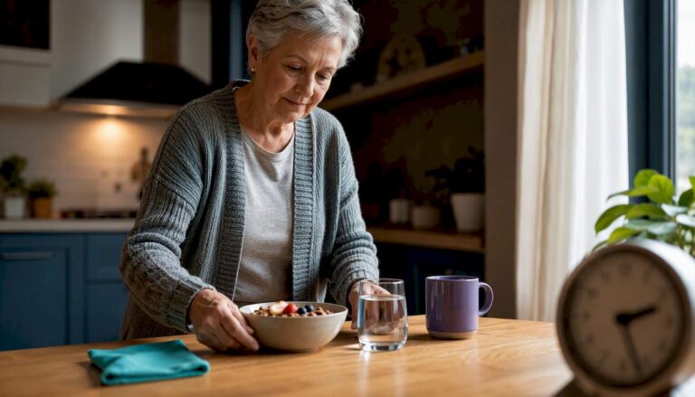 Older adult preparing a structured morning breakfast