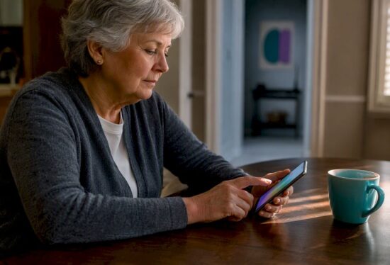 Older adult completing a hybrid safety check-in