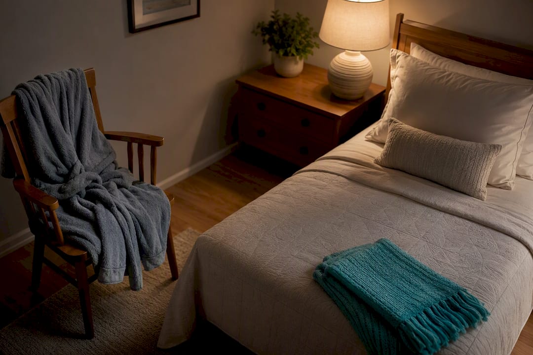 Familiar robe and blanket beside bed