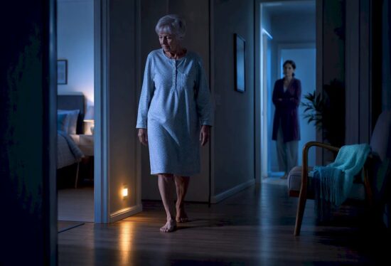 Older adult walking hallway at night