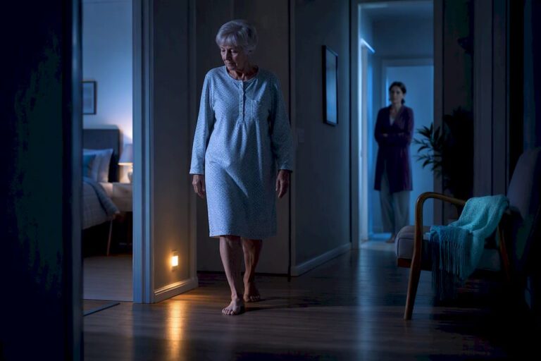 Older adult walking hallway at night