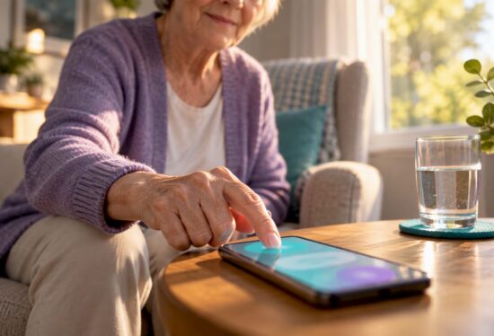 Older adult tapping daily safety check-in