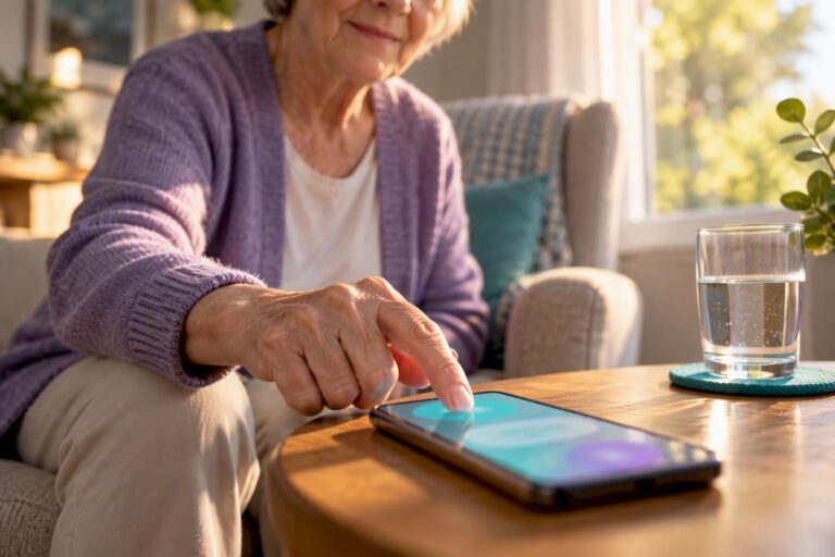 Older adult tapping daily safety check-in