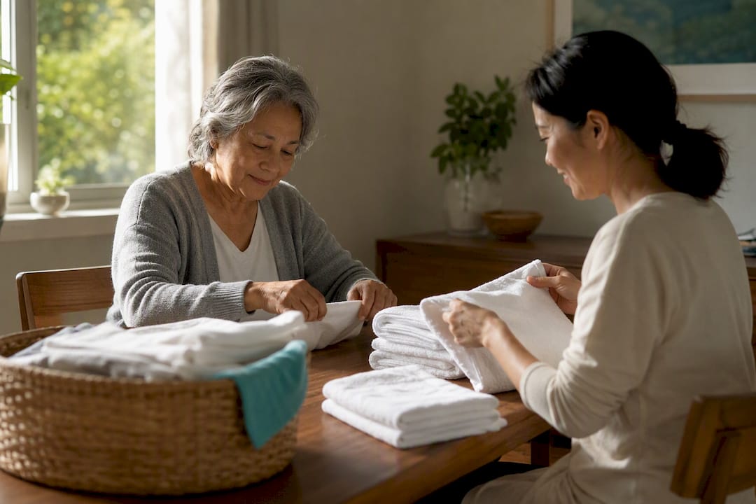 Caregiver and older adult folding laundry