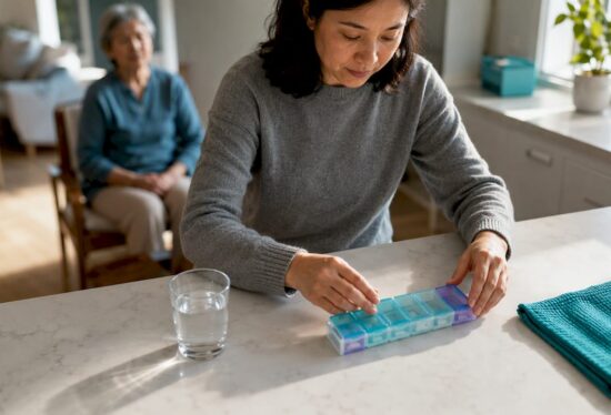 Caregiver preparing medications for older adult