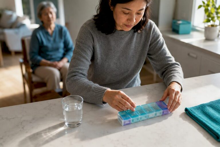 Caregiver preparing medications for older adult