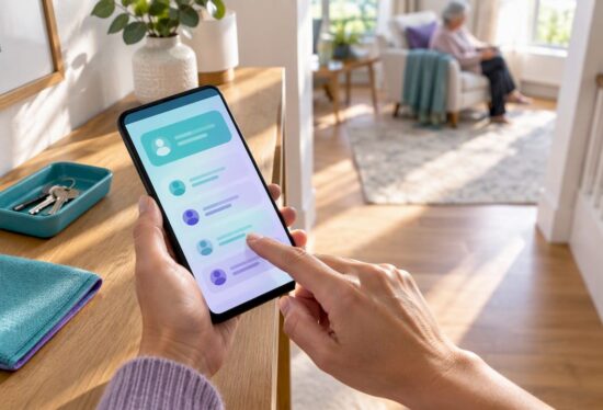 Caregiver arranging emergency contacts on phone