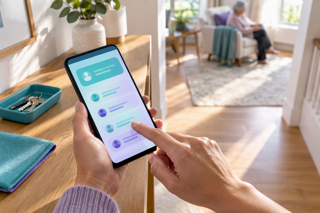 Caregiver arranging emergency contacts on phone
