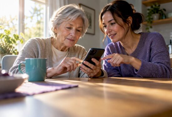 Caregiver and older adult setting up check-ins