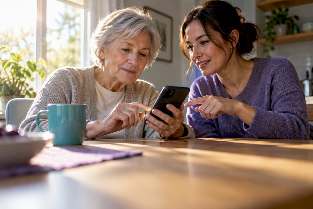 Caregiver and older adult setting up check-ins