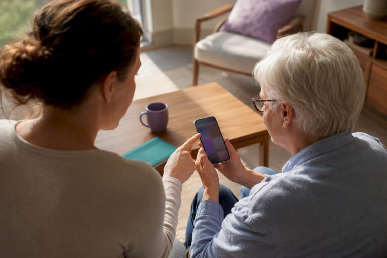 Caregiver guiding older adult through phone accessibility setup