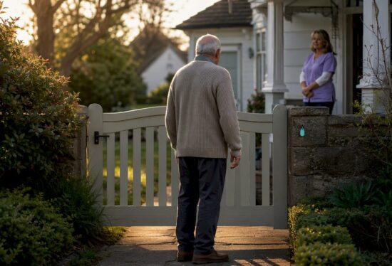 Older adult safely supervised near garden gate