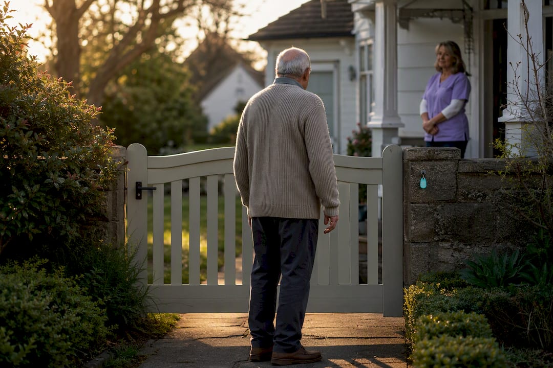 Older adult safely supervised near garden gate