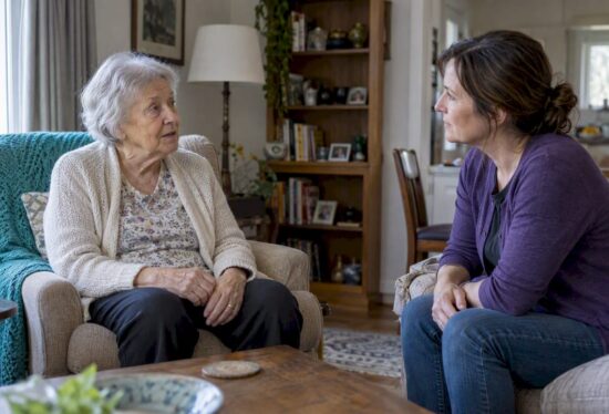 Older parent and daughter discussing caregiving help