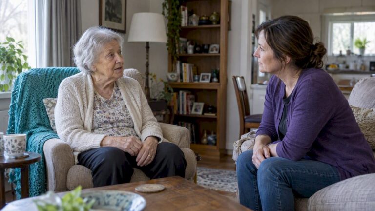 Older parent and daughter discussing caregiving help