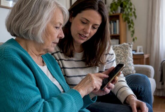 Older woman setting up a daily check-in