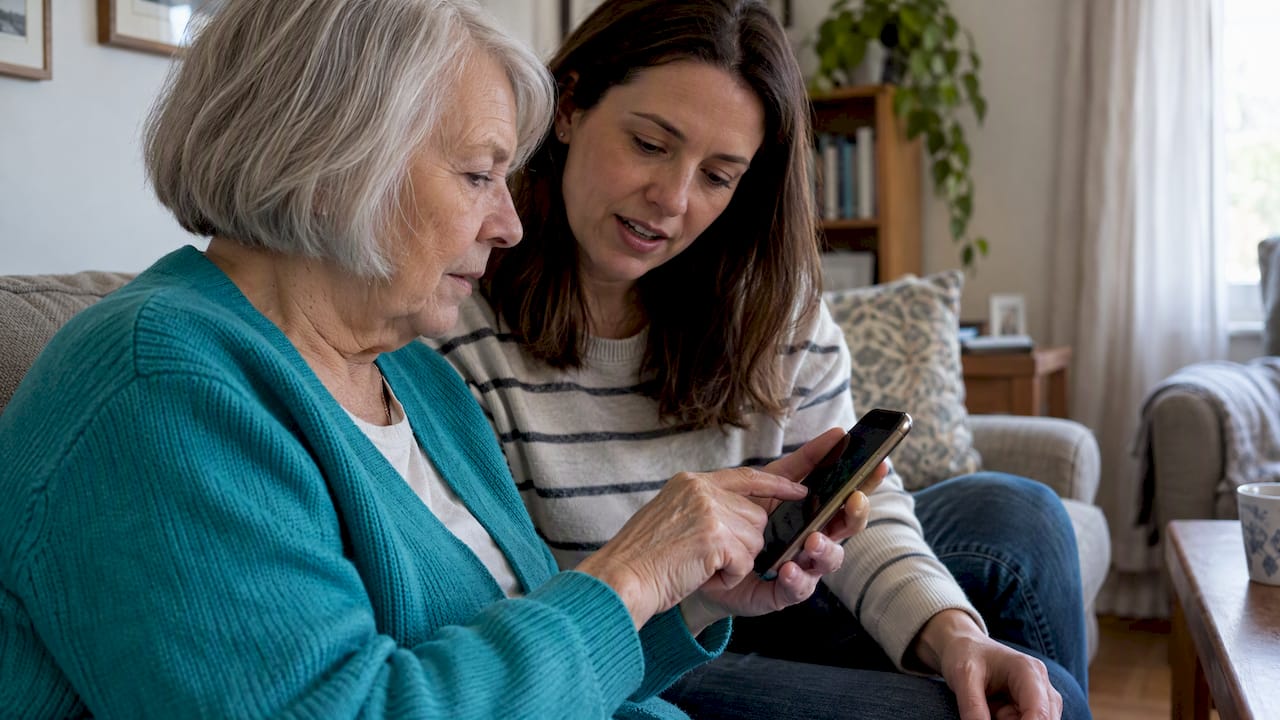 Older woman setting up a daily check-in
