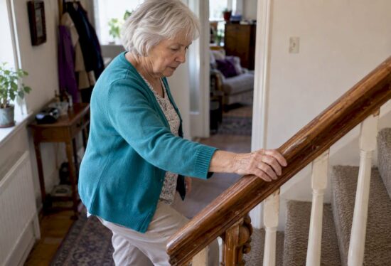 Older woman checking a stair handrail at home