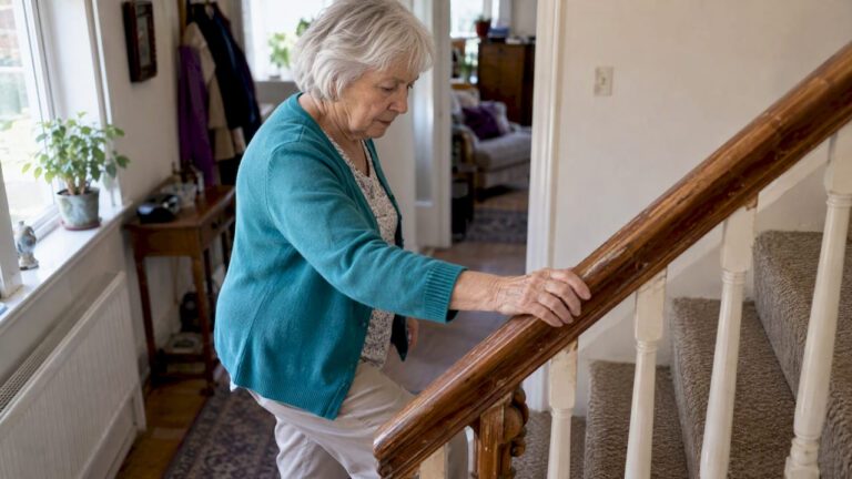 Older woman checking a stair handrail at home