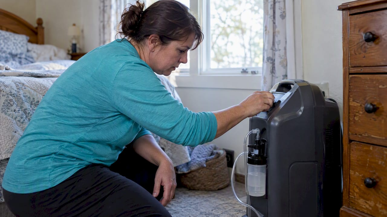 Caregiver checking an oxygen concentrator