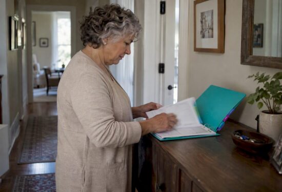 Caregiver reviewing a tabbed emergency binder