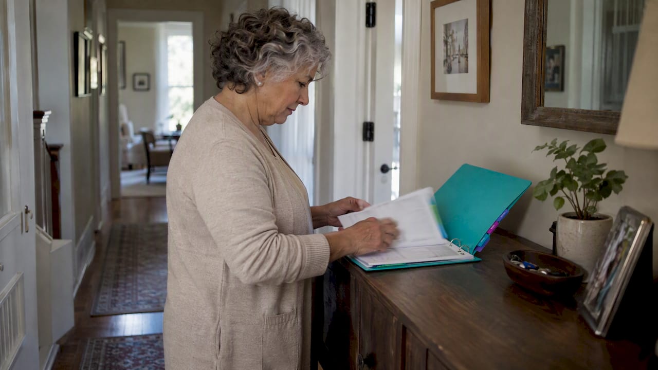 Caregiver reviewing a tabbed emergency binder
