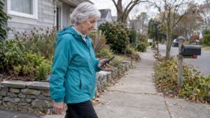 Older adult checking phone while walking