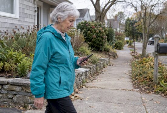 Older adult checking phone while walking