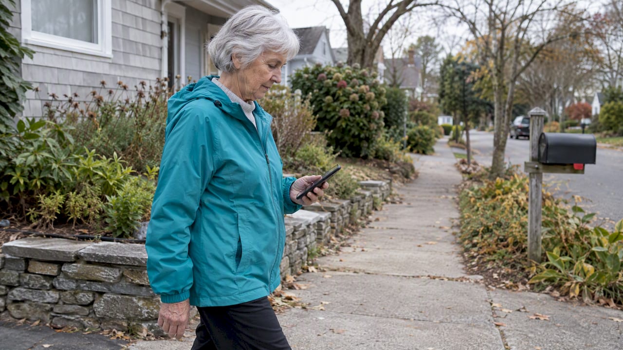 Older adult checking phone while walking