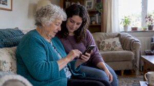 Grandmother texting beside her granddaughter