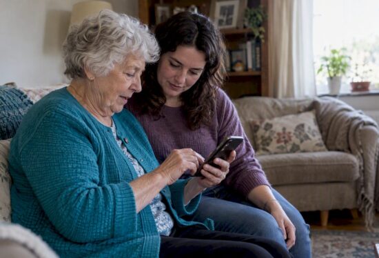 Grandmother texting beside her granddaughter