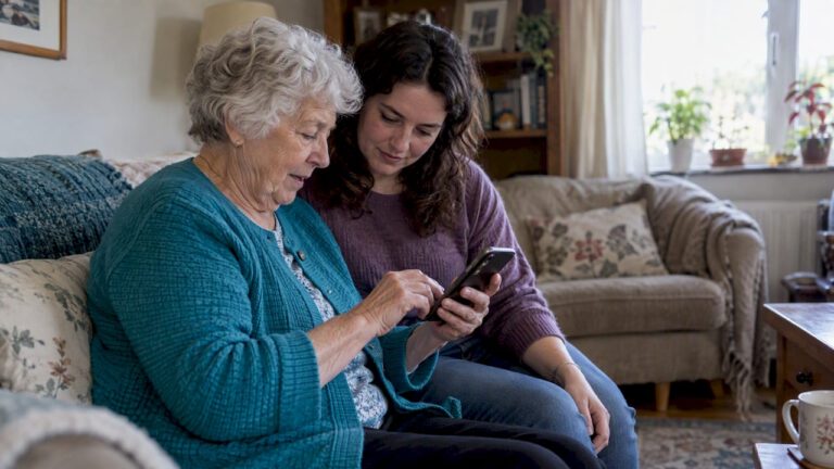 Grandmother texting beside her granddaughter
